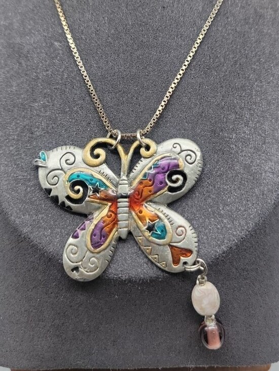 Unknown Jewelry - Sterling Silver Butterfly Pendant Necklace Enamel Inlaid 15" 925 Choker Chain